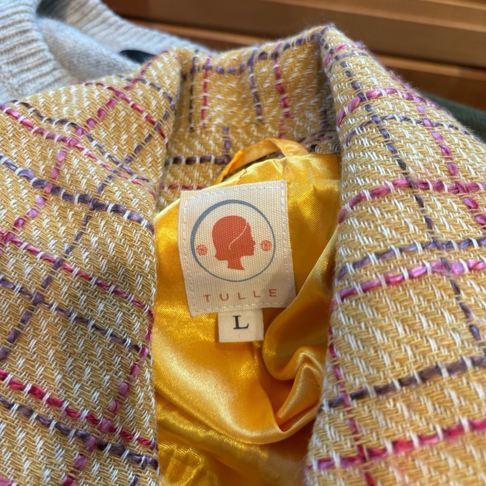 Tulle Anthropologie Yellow Tweed Jacket Large - Picture 3 of 6